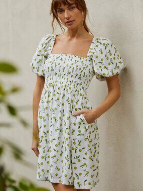 Seafolly Anthropologie Cream Green Olive Print Smocked Puff Sleeve Dress | M